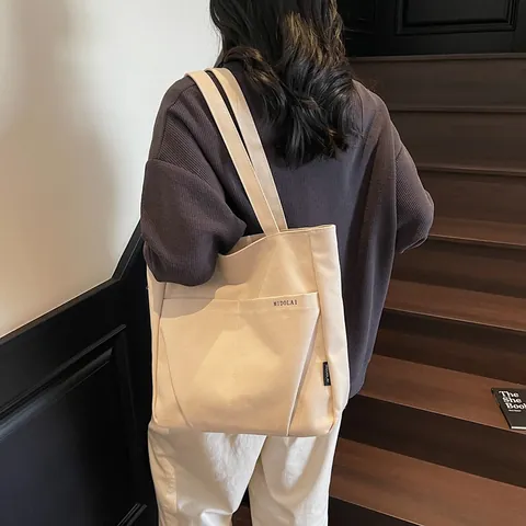Bolso Tote de Lona para Mujer de Gran Capacidad Bolso de Hombro Minimalista de Color Sólido Con Multibolsillos Bolso Casual Diario