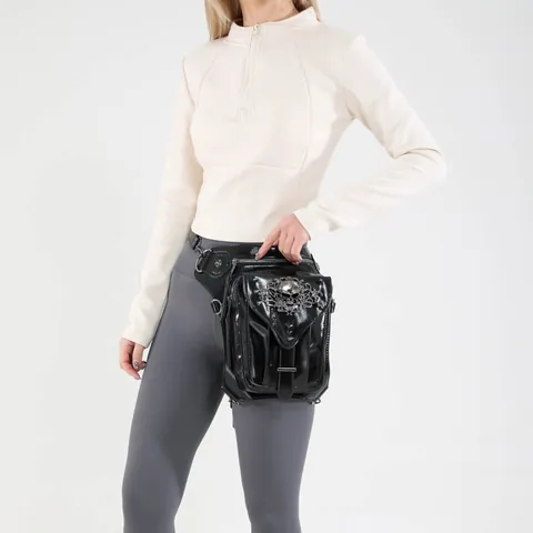 Women Punk Gothic Waist Leg Bag PU Leather Skull Rivet Motorcycle Crossbody Thigh Bag Industrial Style Hip Hop Chest Bag
