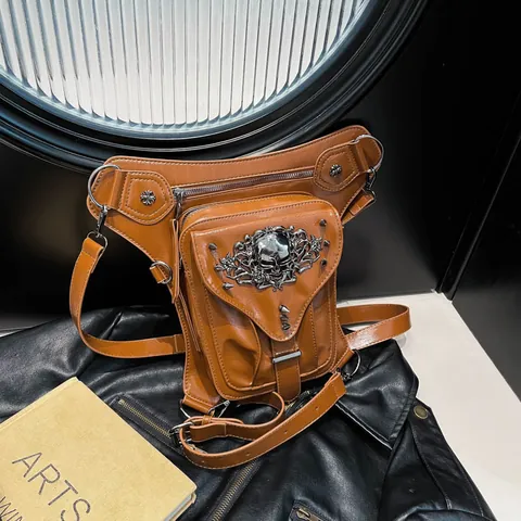 Τσάντα Μηρού Steampunk PU Δέρμα Γοτθικό Μεταλλικό Κρανίο Πριτσίνι Ρυθμιζόμενη Τσάντα Μέσης Για Γυναίκες Ρετρό Στυλ Μοτοσικλέτας