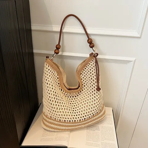 Bolso Tote de Paja Tejido a Mano para Mujer Gran Capacidad Bolso de Ganchillo Con Cuentas de Madera Bolso de Playa