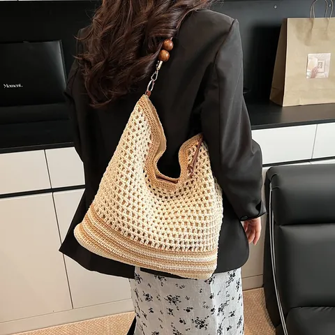Bolso Tote de Paja Tejido a Mano para Mujer Gran Capacidad Bolso de Ganchillo Con Cuentas de Madera Bolso de Playa