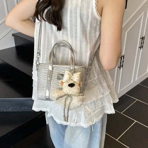 Women's Silver Sequin Tote Bag Glitter PU Leather Handbag With Plush Dog Charm Adjustable Shoulder Strap Urban Fashion Bag