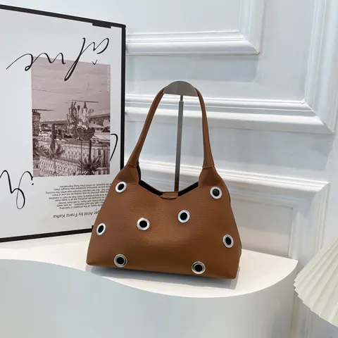 Women Fashion PU Leather Underarm Bag With Metal Eyelets Rivet Handbag Modern Simple Shoulder Bag For Daily Commute
