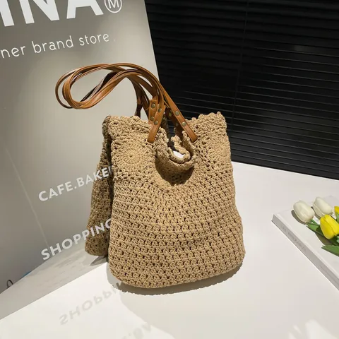 Women Hand Woven Crochet Tote Bag Forest Pastoral Hollow Floral Beach Shoulder Bag With PU Leather Straps Summer Vacation Bag