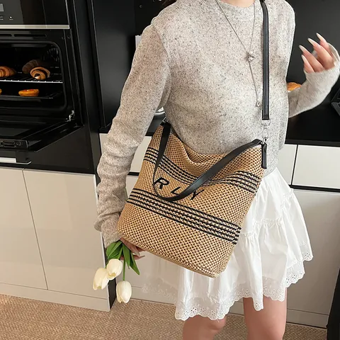 Borsa Tote in Raffia Intrecciata a Grande Capacità da Donna Con Tracolla in Pelle PU Stampa Lettere a Righe Borsa a Spalla in Paglia