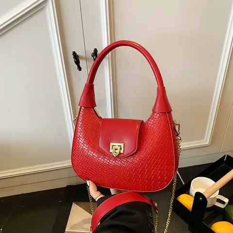 Borsa a Mano Hobo a Mezzaluna da Donna in Pelle PU a Trama Intrecciata Elegante Borsa a Tracolla Con Chiusura in Metallo Oro