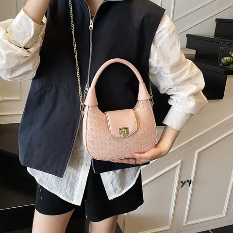 Borsa a Mano Hobo a Mezzaluna da Donna in Pelle PU a Trama Intrecciata Elegante Borsa a Tracolla Con Chiusura in Metallo Oro