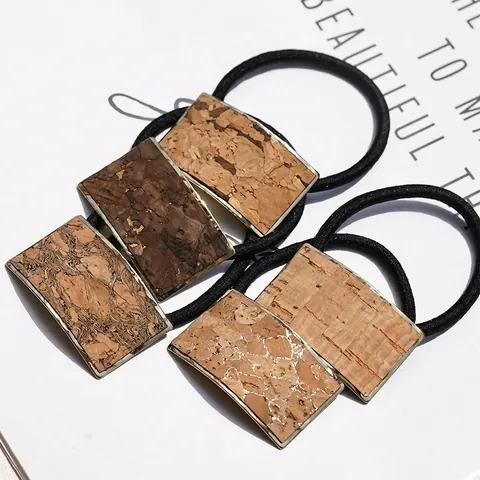 Minimalist Alloy Hair Tie With Rectangular Cork Texture Metal Frame Elastic Hair Rope For Women Vintage Natural Style