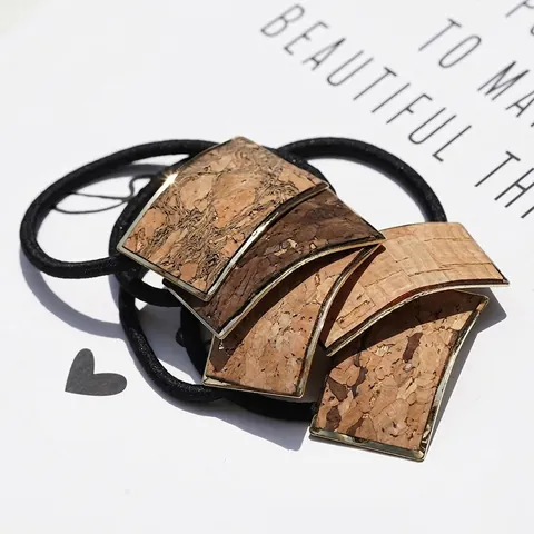Minimalist Alloy Hair Tie With Rectangular Cork Texture Metal Frame Elastic Hair Rope For Women Vintage Natural Style