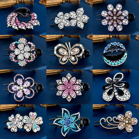 Elegant Vintage Rhinestone Hair Claw Clip Flower Butterfly Shape Acrylic Zinc Alloy Hair Clamp Retro Hair Accessories For Women