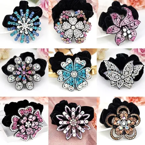 Chouchous Vintage en Velours avec Strass en Forme de Fleur Élégants Élastiques à Cheveux en Cristal Papillon Anneaux à Cheveux Élastiques Faits à la Main Cadeau de Fête des Mères pour Femmes