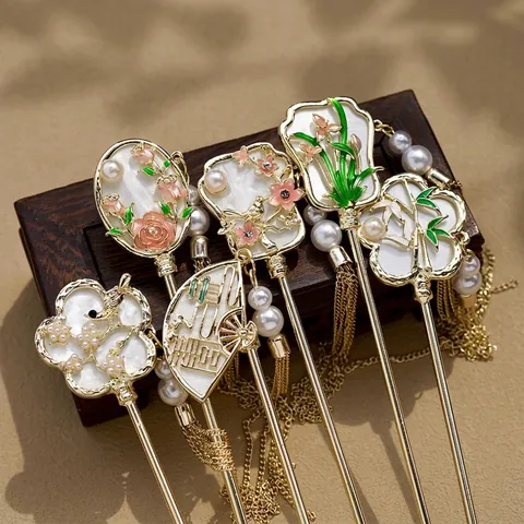 New Chinese Style Alloy Floral Hair Stick Elegant Vintage Hairpin With Long Tassel Simulated Artificial Pearl For Hanfu Women Jewelry