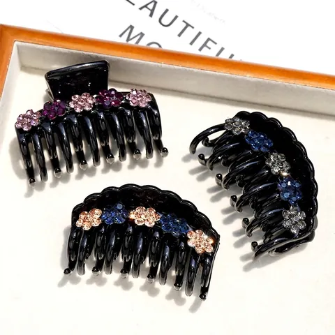 Pinza per Capelli in Acrilico con Fiori di Strass Vintage Elegante Fermaglio per Capelli Nero a Doppio Strato da Donna