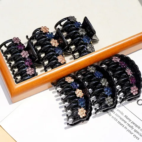 Pinza per Capelli in Acrilico con Fiori di Strass Vintage Elegante Fermaglio per Capelli Nero a Doppio Strato da Donna