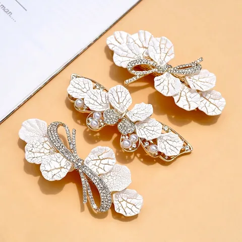 Elegante Fermaglio a Molla per Capelli Farfalla Foglia Bianca con Strass Perla Artificial Sintetica Lega per Donna Accessorio Capelli