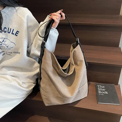 Bolso Tote de Lona para Mujer Gran Capacidad Estilo Preppy Minimalista Moda Coreana Casual Color Sólido Bolso de Hombro Cruzado Diario