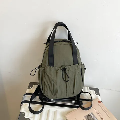 Women Pleated Nylon Backpack Large Capacity Lightweight Casual Travel Bag Drawstring School Computer Bag Fashion Solid Color
