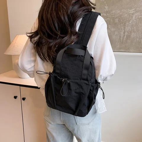 Women Pleated Nylon Backpack Large Capacity Lightweight Casual Travel Bag Drawstring School Computer Bag Fashion Solid Color