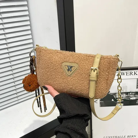 Women Lamb Wool Plush Shoulder Bag Faux Fur Crossbody Bag With Bear Charm Metal Chain Autumn Winter Casual Small Purse