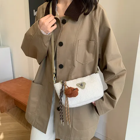 Women Lamb Wool Plush Shoulder Bag Faux Fur Crossbody Bag With Bear Charm Metal Chain Autumn Winter Casual Small Purse