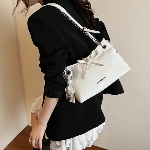 Women Fashion Bowknot PU Leather Tote Bag With Padlock Pendant Metal Chain Shoulder Bag Casual Crossbody Bag Solid Color