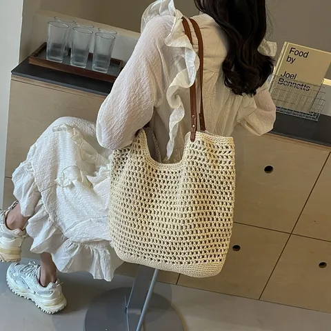 Handgefertigte Baumwollseil Gewebte Tote Bag Große Kapazität Hohl Gitter Strand Schultertasche Mit PU Lederriemen Niete Für Damen