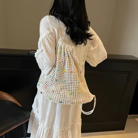 Women Korean Style Knitted Woven Backpack Colorful Beaded Hollow Out Drawstring Tote Bag For Summer Beach Vacation