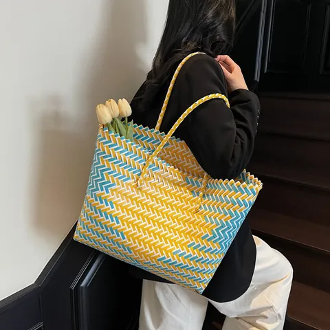 Sac Fourre-tout Tissé de Mode pour Femmes Grande Capacité Motif Géométrique Fibre de Plastique Sacs à Main pour Shopping Plage Épaule
