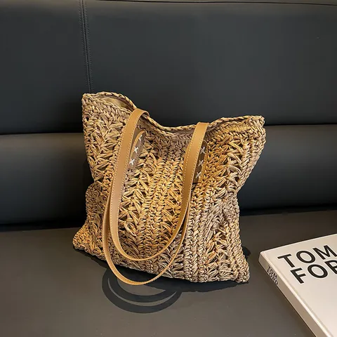Borsa Tote in Paglia Intrecciata da Donna Traforata Grande Capacità Estate Spiaggia Vacanza Con Tracolla in Pelle PU Borsa a Spalla