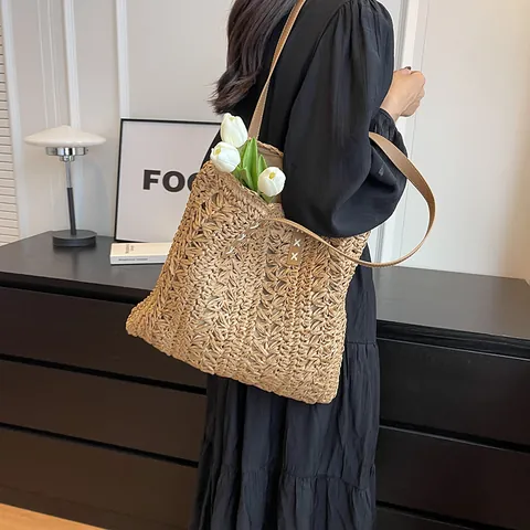 Borsa Tote in Paglia Intrecciata da Donna Traforata Grande Capacità Estate Spiaggia Vacanza Con Tracolla in Pelle PU Borsa a Spalla