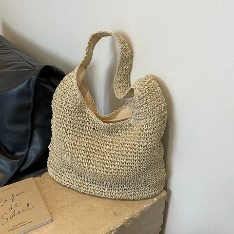 Women Large Capacity Straw Woven Tote Bag Paper Rope Shoulder Bag Casual Beach Vacation Fashion Handbag