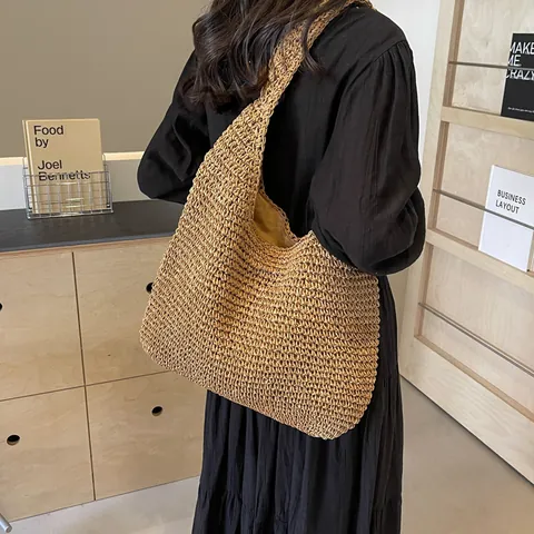 Women Large Capacity Straw Woven Tote Bag Paper Rope Shoulder Bag Casual Beach Vacation Fashion Handbag