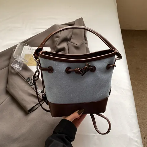 Women Casual Canvas Patchwork Bucket Bag Vintage Toggle Button Drawstring Handbag Single Shoulder Crossbody Commuting Purse