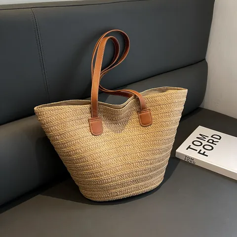 Large Capacity Straw Woven Tote Bag Women Summer Beach Vacation Shoulder Bag Minimalist PU Leather Handle Travel Handbag
