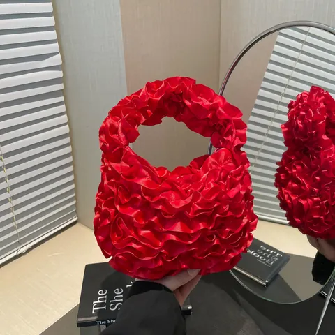 Elegante Borsa a Mano in Raso con Volant Donna Dolce Fiore Plissettato Borsa con Manico Tinta Unita Chic Pochette da Sera