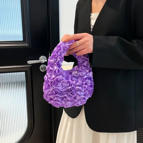 Elegante Borsa a Mano in Raso con Volant Donna Dolce Fiore Plissettato Borsa con Manico Tinta Unita Chic Pochette da Sera