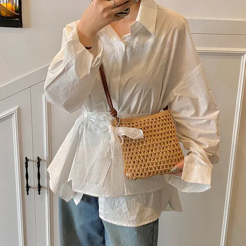Sac de Plage en Paille pour Femmes Sac à Bandoulière Tissé à la Main Avec Nœud en Dentelle et Künstliche Perle Style Français Vacances