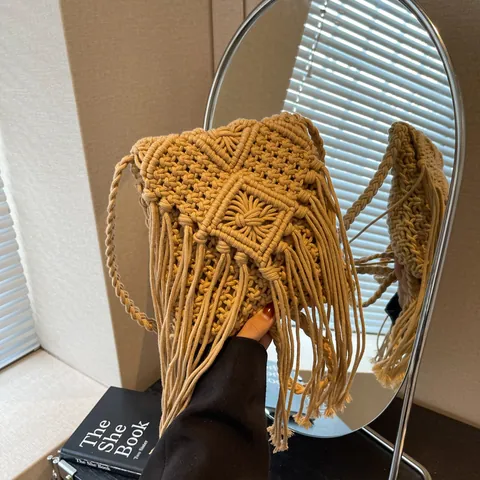 Borsa a Spalla Macramè Fatta a Mano con Nappine Boho Intrecciata in Corda di Cotone Borsa a Tracolla Donna Mare Vacanza