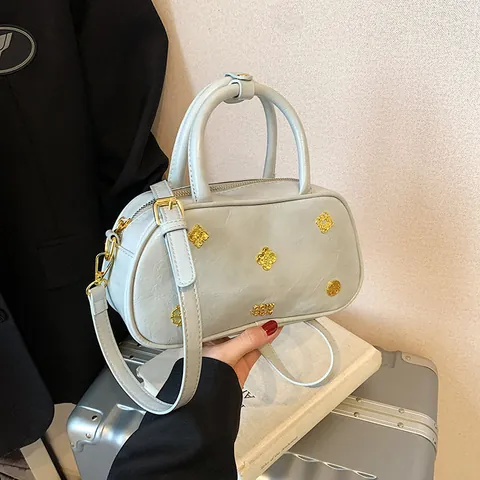 Bolso de Mano Boston de Cuero PU Vintage para Mujer Remaches de Flores Bolso de Hombro Urbano Simple Bolso Bandolera Cuadrado Pequeño