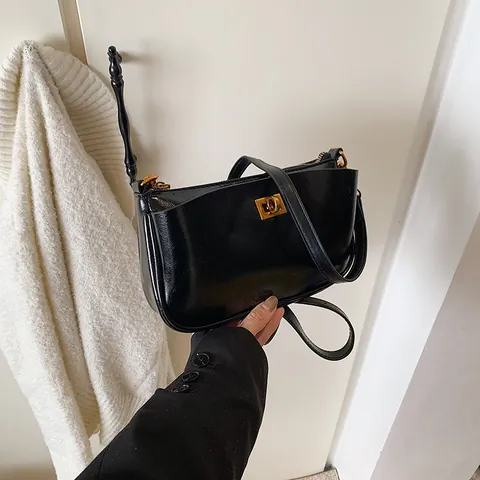 Vintage Minimalist PU Leather Underarm Bag For Women Gold Lock Shoulder Crossbody Handbag Fashion Commute Small Square Bag