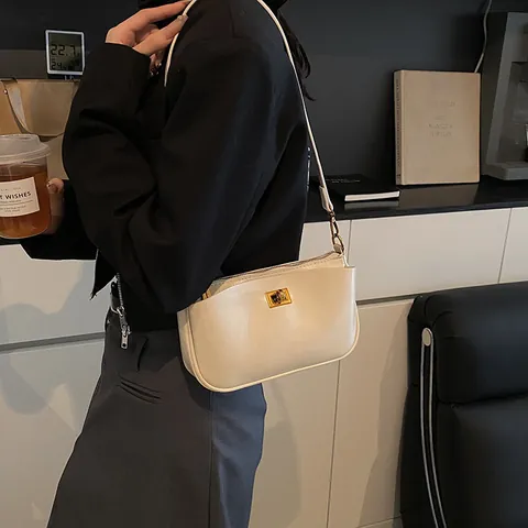 Vintage Minimalist PU Leather Underarm Bag For Women Gold Lock Shoulder Crossbody Handbag Fashion Commute Small Square Bag
