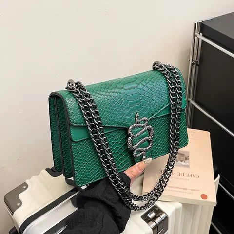 Damen Schlangenmuster PU Leder Schultertasche Mit Schlangenkopf Verschluss Kette Umhängetasche Kleine Quadratische Tasche