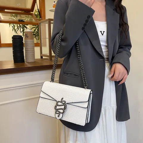Damen Schlangenmuster PU Leder Schultertasche Mit Schlangenkopf Verschluss Kette Umhängetasche Kleine Quadratische Tasche