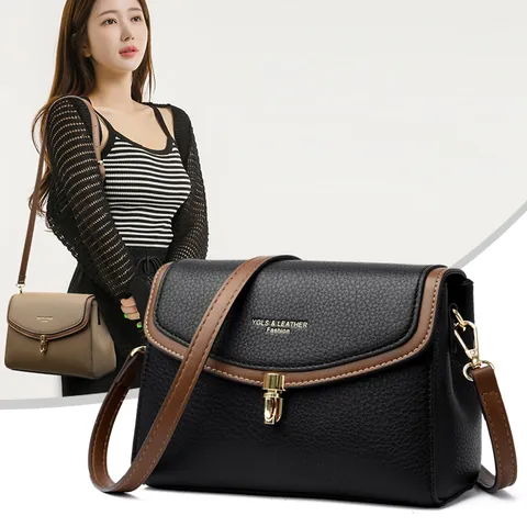 Bolso Bandolera Retro de Mujer en Cuero PU Patrón de Lichi Cierre de Metal Dorado Puntadas Color en Contraste Elegante Bolso de Mano Casual Diario