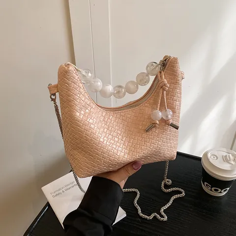 Women Fashion PU Leather Hobo Bag Woven Crocodile Pattern With Artificial Pearl Handle Metal Chain Shoulder Underarm Bag