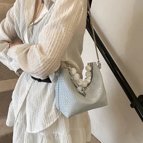 Women Fashion PU Leather Hobo Bag Woven Crocodile Pattern With Artificial Pearl Handle Metal Chain Shoulder Underarm Bag