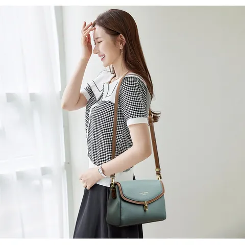 Bolso Bandolera Retro de Mujer en Cuero PU Patrón de Lichi Cierre de Metal Dorado Puntadas Color en Contraste Elegante Bolso de Mano Casual Diario