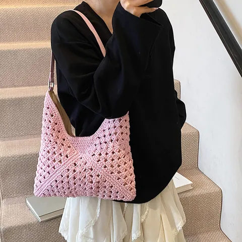 Handgemaakte Gehaakte Geweven Stro Schoudertas Grote Capaciteit Zomer Strand Vakantie Tote Bag Voor Vrouwen Casual Handtas