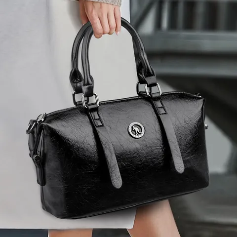 Women Vintage PU Leather Boston Bag Large Capacity Top Handle Handbag With Adjustable Strap Urban Simple Shoulder Crossbody Bag