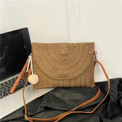 Women Bohemian Straw Woven Envelope Crossbody Bag Handmade Beach Vacation Shoulder Clutch With Pom-Pom Decor Fashion Flip Bag